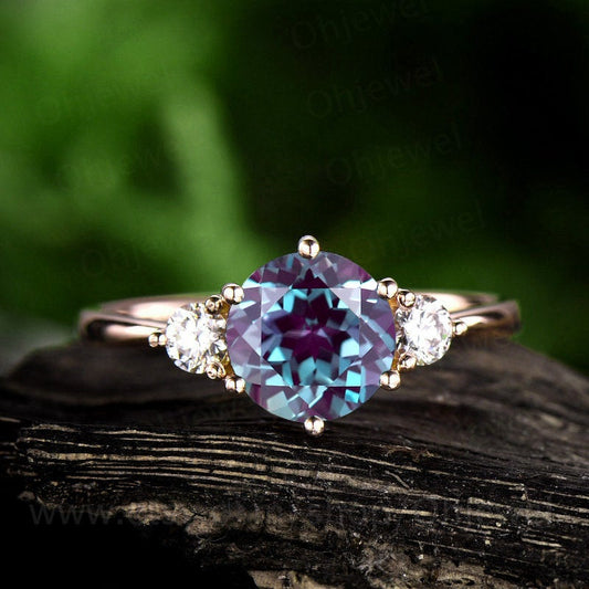 Three stone moissanite ring 14k rose gold ring color change alexandrite engagement ring vintage round 7mm alexandrite women wedding ring