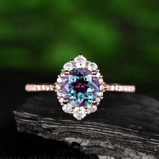 Alexandrite ring for women vintage unique round halo cluster moissanite color change alexandrite engagement ring rose gold wedding gift ring