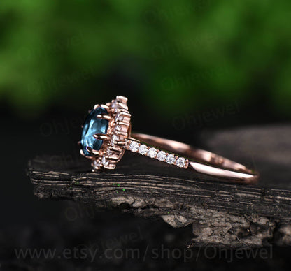 1ct round topaz ring for women vintage unique halo cluster moissanite ring London blue topaz engagement ring rose gold wedding ring band