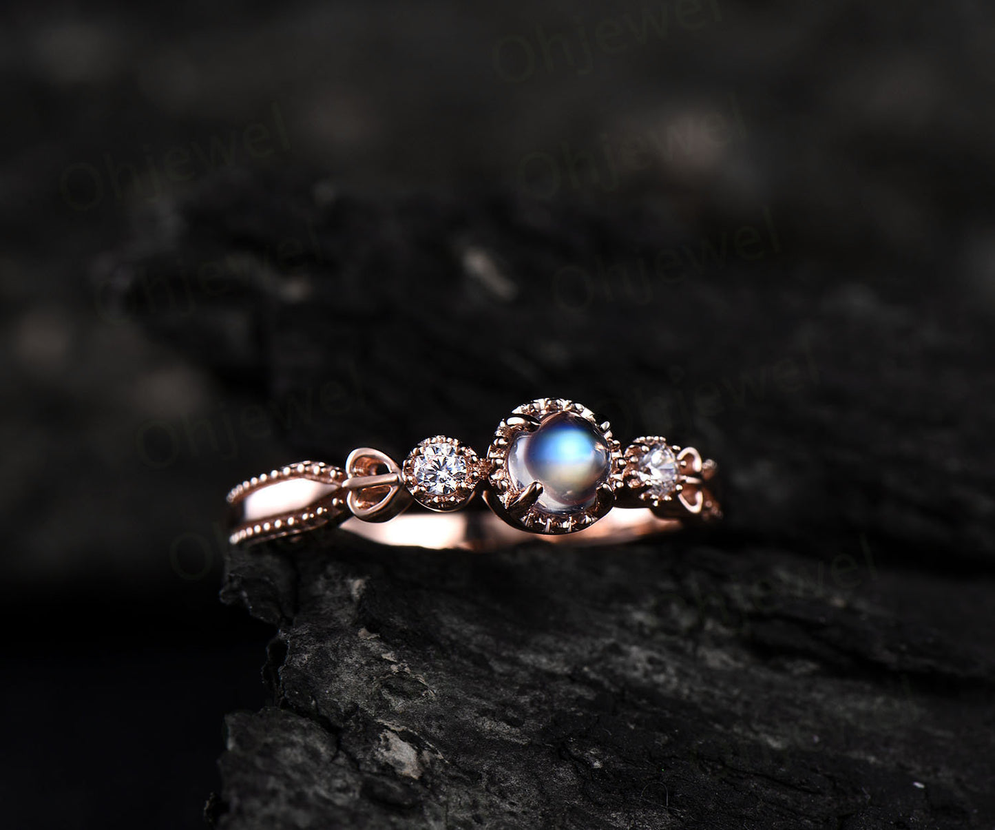 4mm blue moonstone engagement ring rose gold moonstone ring gold vintage antique june birthstone ring moissanite wedding bridal ring gift