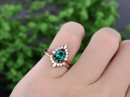 2pcs cluster crown moissanite ring band oval emerald engagement ring set rose gold vintage emerald  May birthstone wedding bridal ring set