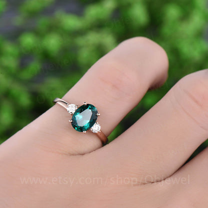 Three stone moissanite ring oval cut emerald engagement ring rose gold emerald ring vintage May birthstone women wedding bridal ring gift