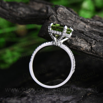 Real diamond under basket halo ring emerald cut peridot engagement ring white gold vintage green peridot women wedding bridal ring