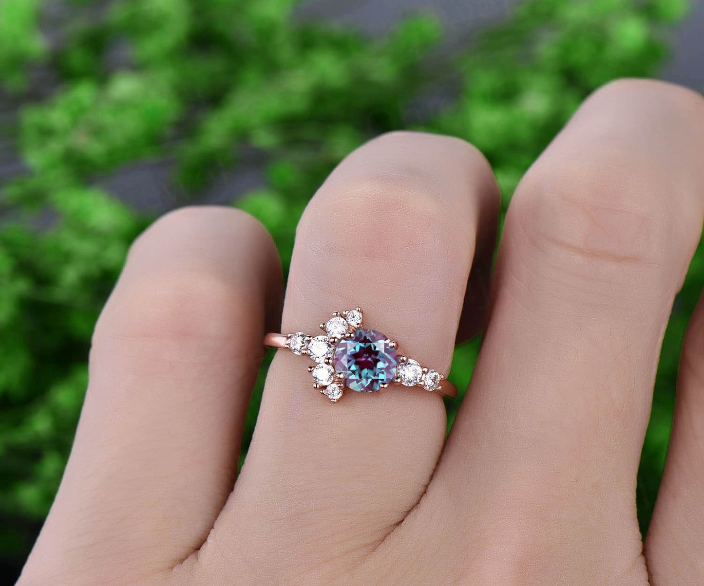 Unique moissanite ring color change alexandrite engagement ring rose gold for women vintage June birthstone anniversary wedding ring band