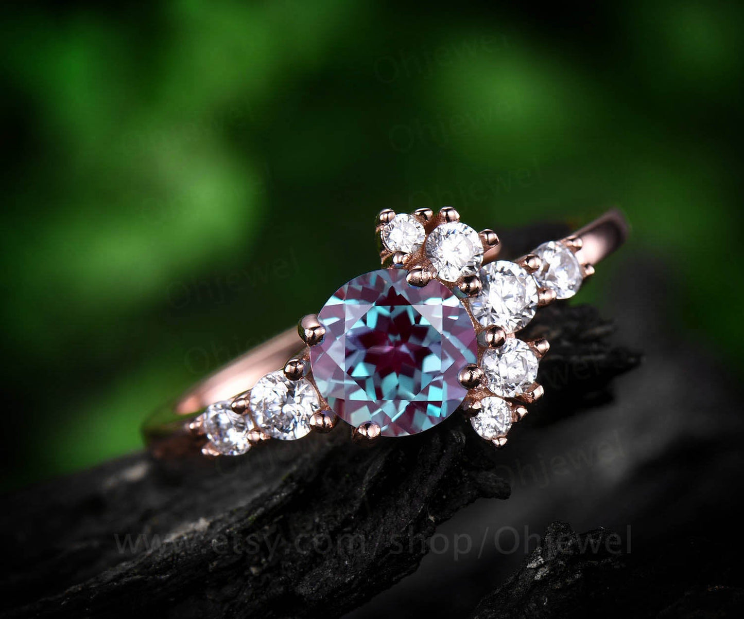 Unique moissanite ring color change alexandrite engagement ring rose gold for women vintage June birthstone anniversary wedding ring band
