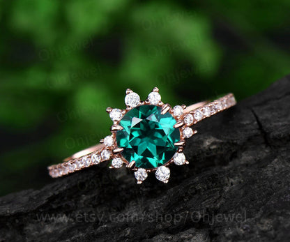 Unique halo cluster moissanite ring band 1ct round green emerald engagement ring rose gold for women vintage May birthstone wedding ring
