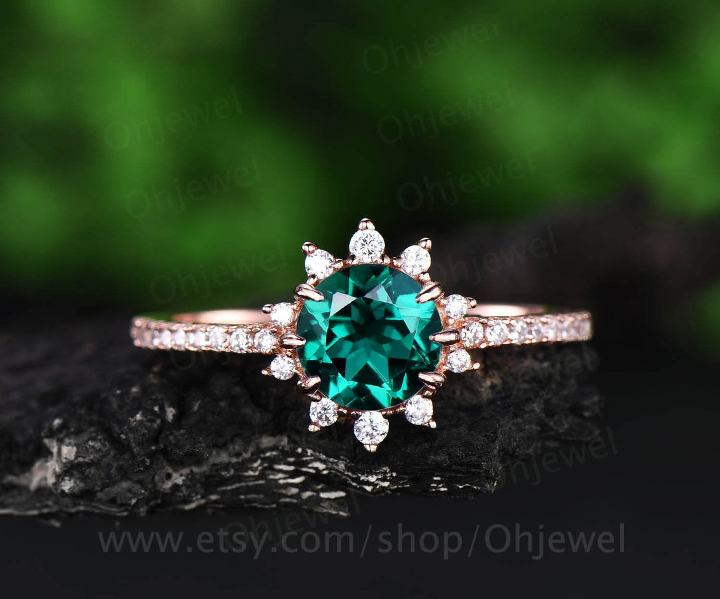 Unique halo cluster moissanite ring band 1ct round green emerald engagement ring rose gold for women vintage May birthstone wedding ring