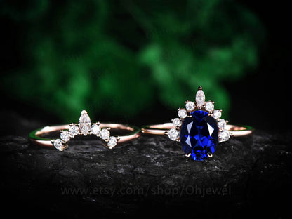 2pcs cluster crown art deco moissanite ring band oval blue sapphire engagement ring set rose gold vintage sapphire wedding bridal ring set