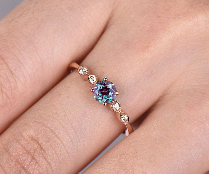 Art deco moissanite ring vintage unique round cut color change alexandrite engagement ring rose gold anniversary wedding gift for women