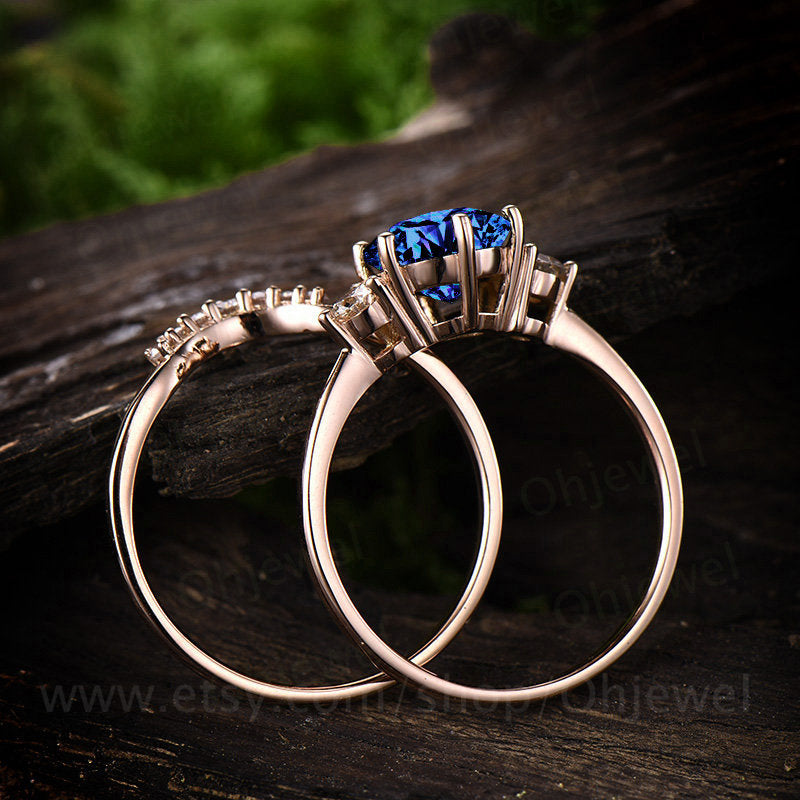 Vintage unique three stone engagement ring 2pcs sapphire engagement ring white gold V crown moissanite ring set birthday wedding bridal gift