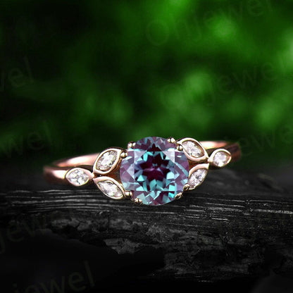 Art deco flower moissanite ring color change alexandrite engagement ring yellow gold 1ct alexandrite ring yellow gold June birthstone ring