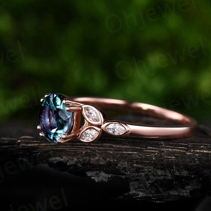 Art deco flower moissanite ring color change alexandrite engagement ring yellow gold 1ct alexandrite ring yellow gold June birthstone ring