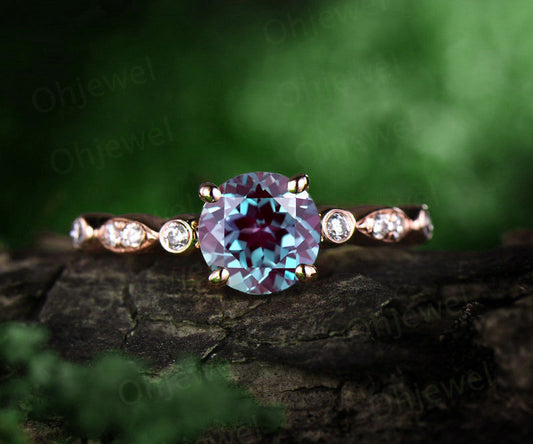 Alexandrite engagement ring rose gold color change alexandrite ring gold vintage marquise art deco diamond ring wedding promise ring band