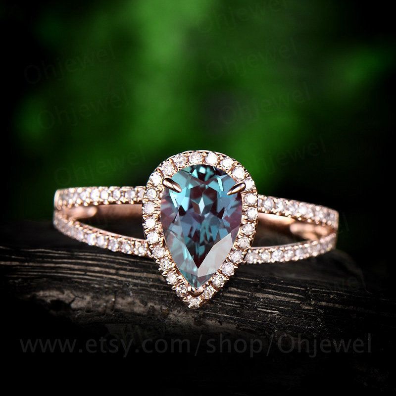 Split shank diamond halo ring pear color change alexandrite engagement ring rose gold June birthstone unique vintage wedding ring band gift