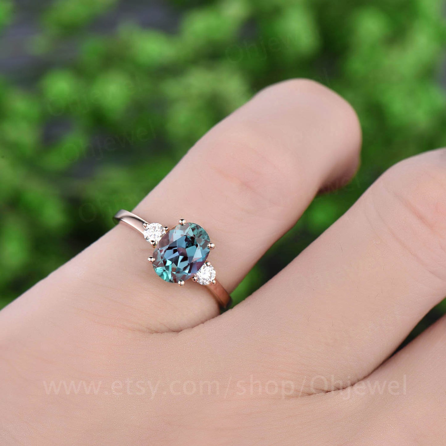 Three stone moissanite ring antique color change alexandrite engagement ring rose gold oval alexandrite ring vintage June birthstone ring