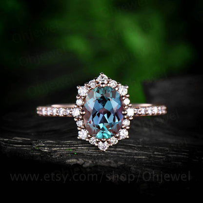 Vintage unique moissanite engagement ring oval cut alexandrite engagement ring white gold birthday wedding anniversary gift antique jewelry