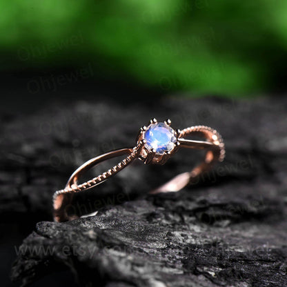Round blue moonstone engagement ring rose gold moonstone ring gold vintage june birthstone ring unique promise bridal ring band gift for her