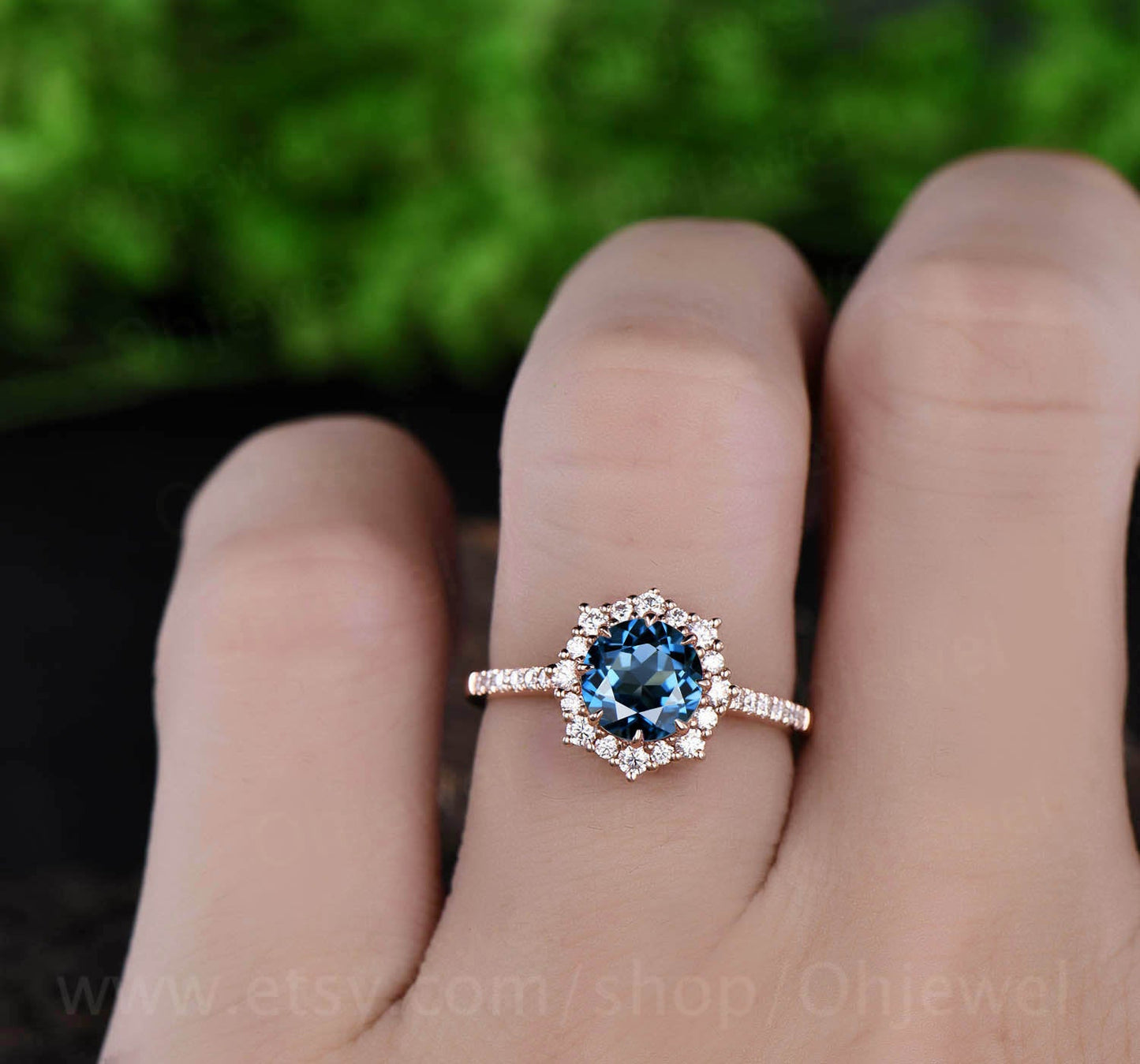 1ct round topaz ring for women vintage unique halo cluster moissanite ring London blue topaz engagement ring rose gold wedding ring band