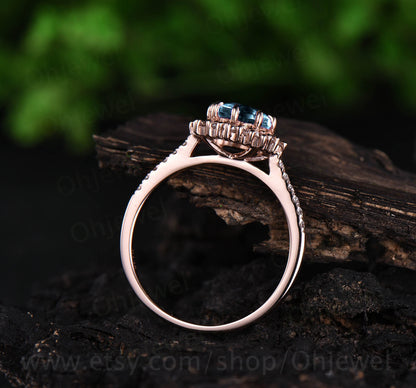 1ct round topaz ring for women vintage unique halo cluster moissanite ring London blue topaz engagement ring rose gold wedding ring band