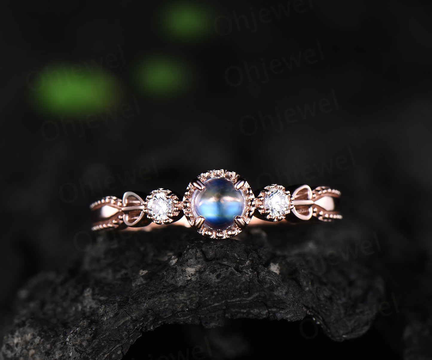 4mm blue moonstone engagement ring rose gold moonstone ring gold vintage antique june birthstone ring moissanite wedding bridal ring gift