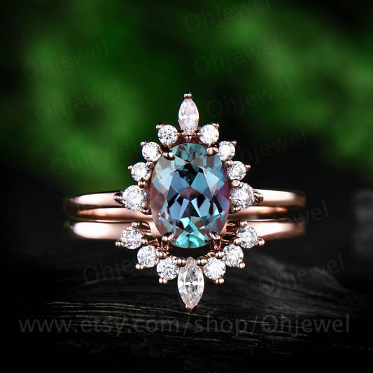 2pcs cluster crown moissanite ring band color change alexandrite engagement ring set rose gold vintage alexandrite wedding bridal ring set