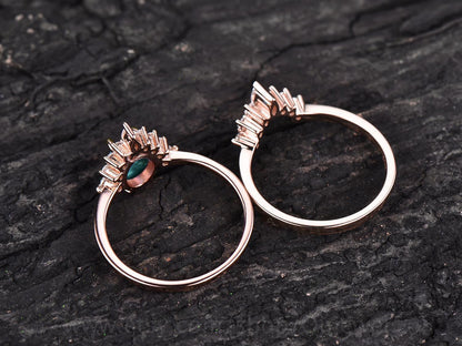 2pcs cluster crown moissanite ring band oval emerald engagement ring set rose gold vintage emerald  May birthstone wedding bridal ring set