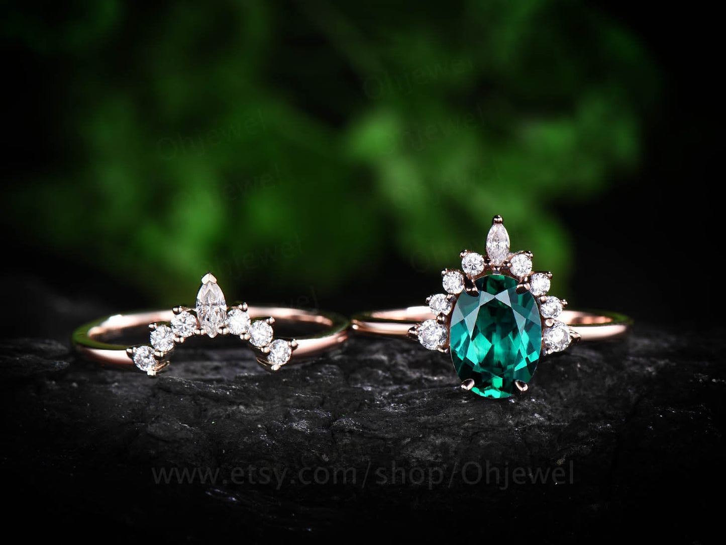 2pcs cluster crown moissanite ring band oval emerald engagement ring set rose gold vintage emerald  May birthstone wedding bridal ring set