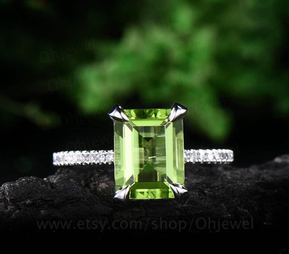 Real diamond under basket halo ring emerald cut peridot engagement ring white gold vintage green peridot women wedding bridal ring
