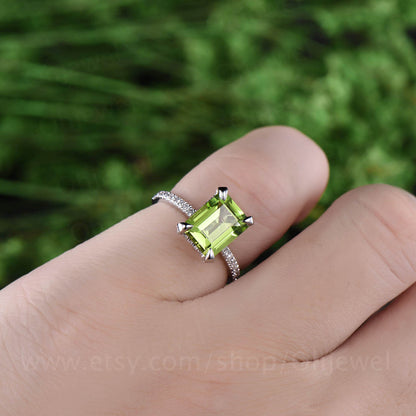 Real diamond under basket halo ring emerald cut peridot engagement ring white gold vintage green peridot women wedding bridal ring