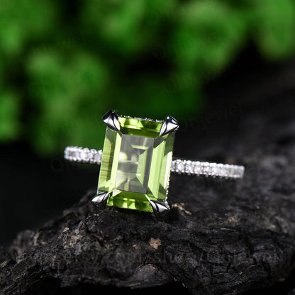 Real diamond under basket halo ring emerald cut peridot engagement ring white gold vintage green peridot women wedding bridal ring