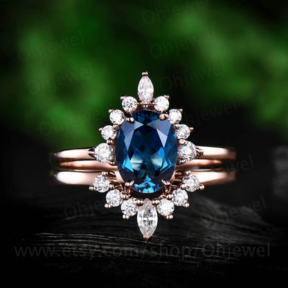 2pcs cluster crown art deco moissanite ring band oval London blue topaz engagement ring set rose gold vintage topaz wedding bridal ring set
