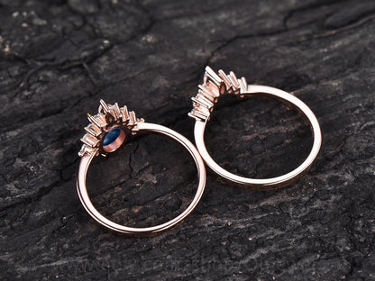 2pcs cluster crown art deco moissanite ring band oval London blue topaz engagement ring set rose gold vintage topaz wedding bridal ring set