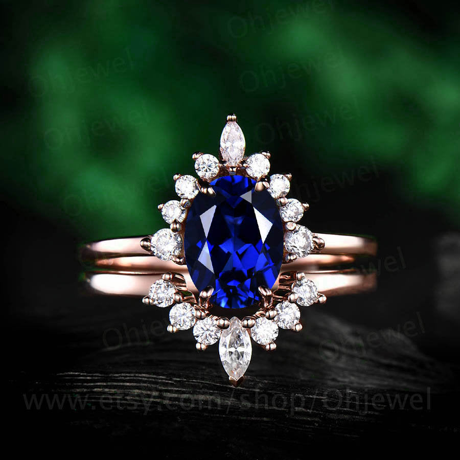 2pcs cluster crown art deco moissanite ring band oval blue sapphire engagement ring set rose gold vintage sapphire wedding bridal ring set