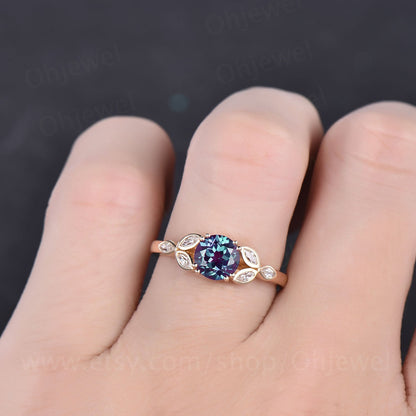 Art deco flower moissanite ring color change alexandrite engagement ring yellow gold 1ct alexandrite ring yellow gold June birthstone ring