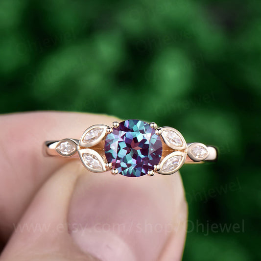 Art deco flower moissanite ring color change alexandrite engagement ring yellow gold 1ct alexandrite ring yellow gold June birthstone ring