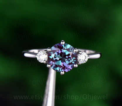 Three stone moissanite ring vintage alexandrite engagement ring white gold ring women June birthstone ring anniversary wedding ring gift