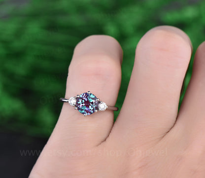 Three stone moissanite ring vintage alexandrite engagement ring white gold ring women June birthstone ring anniversary wedding ring gift