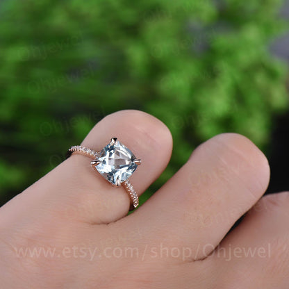 8mm cushion aquamarine ring  vintage for women aquamarine engagement ring rose gold diamond under basket halo May birthstone wedding ring