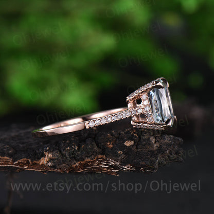 8mm cushion aquamarine ring  vintage for women aquamarine engagement ring rose gold diamond under basket halo May birthstone wedding ring