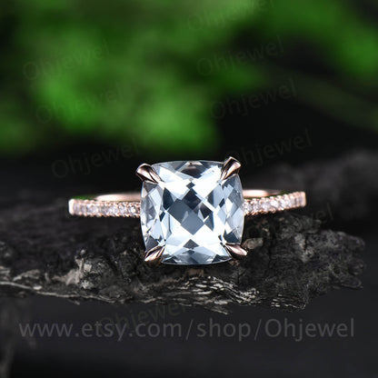 8mm cushion aquamarine ring  vintage for women aquamarine engagement ring rose gold diamond under basket halo May birthstone wedding ring