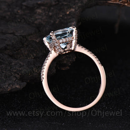 8mm cushion aquamarine ring  vintage for women aquamarine engagement ring rose gold diamond under basket halo May birthstone wedding ring