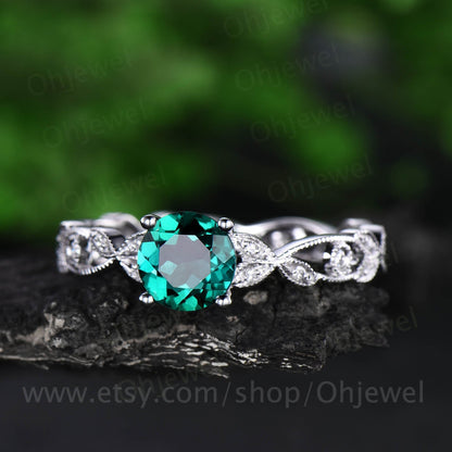 1ct Unique round emerald engagement ring rose gold 14K/18K emerald ring gold vintage full eternity diamond wedding band may birthstone ring
