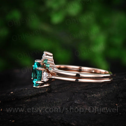 Three stone engagement ring emerald engagement ring set rose gold May birthstone ring moissanite natural emerald wedding band bridal set