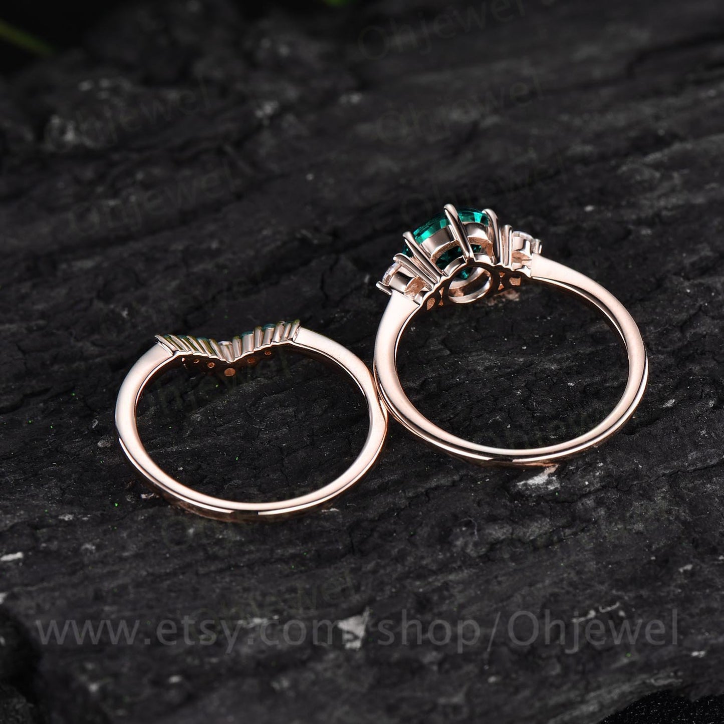 Three stone engagement ring emerald engagement ring set rose gold May birthstone ring moissanite natural emerald wedding band bridal set
