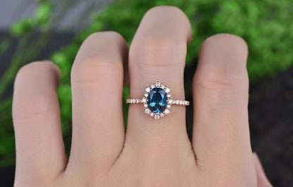 1.3ct London blue topaz ring for women vintage unique halo cluster moissanite ring London blue topaz engagement ring rose gold wedding ring
