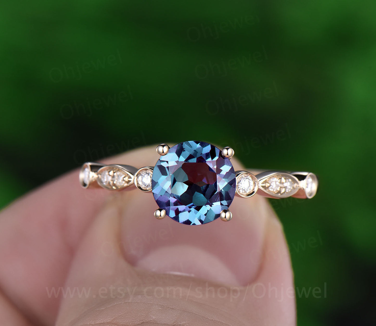 Alexandrite engagement ring rose gold color change alexandrite ring gold vintage marquise art deco diamond ring wedding promise ring band