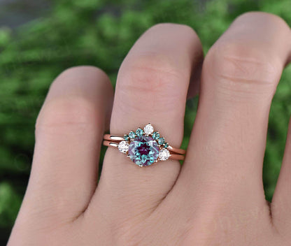 Vintage alexandrite engagement ring set 14k white gold three stone moissanite ring for women unique engagement ring promise wedding ring set