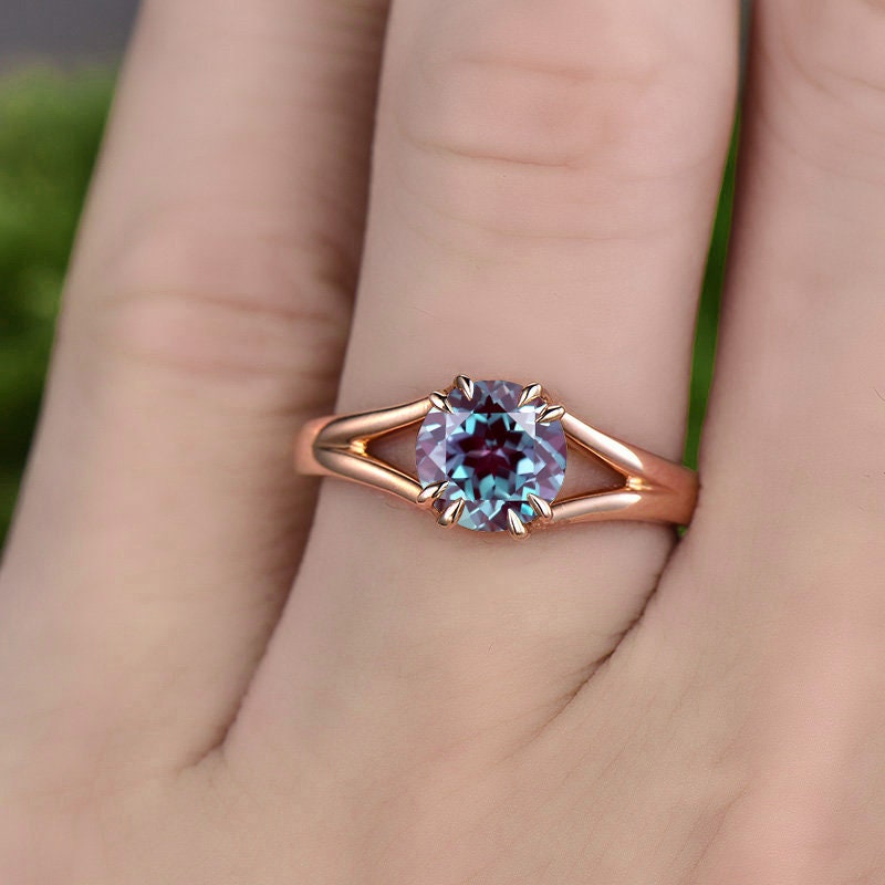 Vintage round cut Alexandrite engagement ring 14k rose gold unique split shank Solitaire engagement ring for women wedding promise ring gift