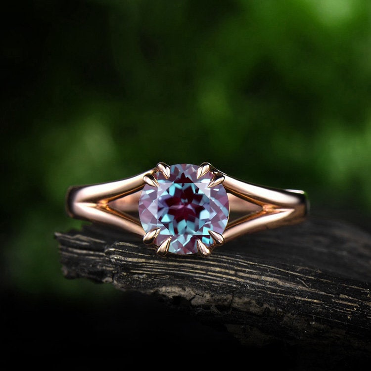Vintage round cut Alexandrite engagement ring 14k rose gold unique split shank Solitaire engagement ring for women wedding promise ring gift