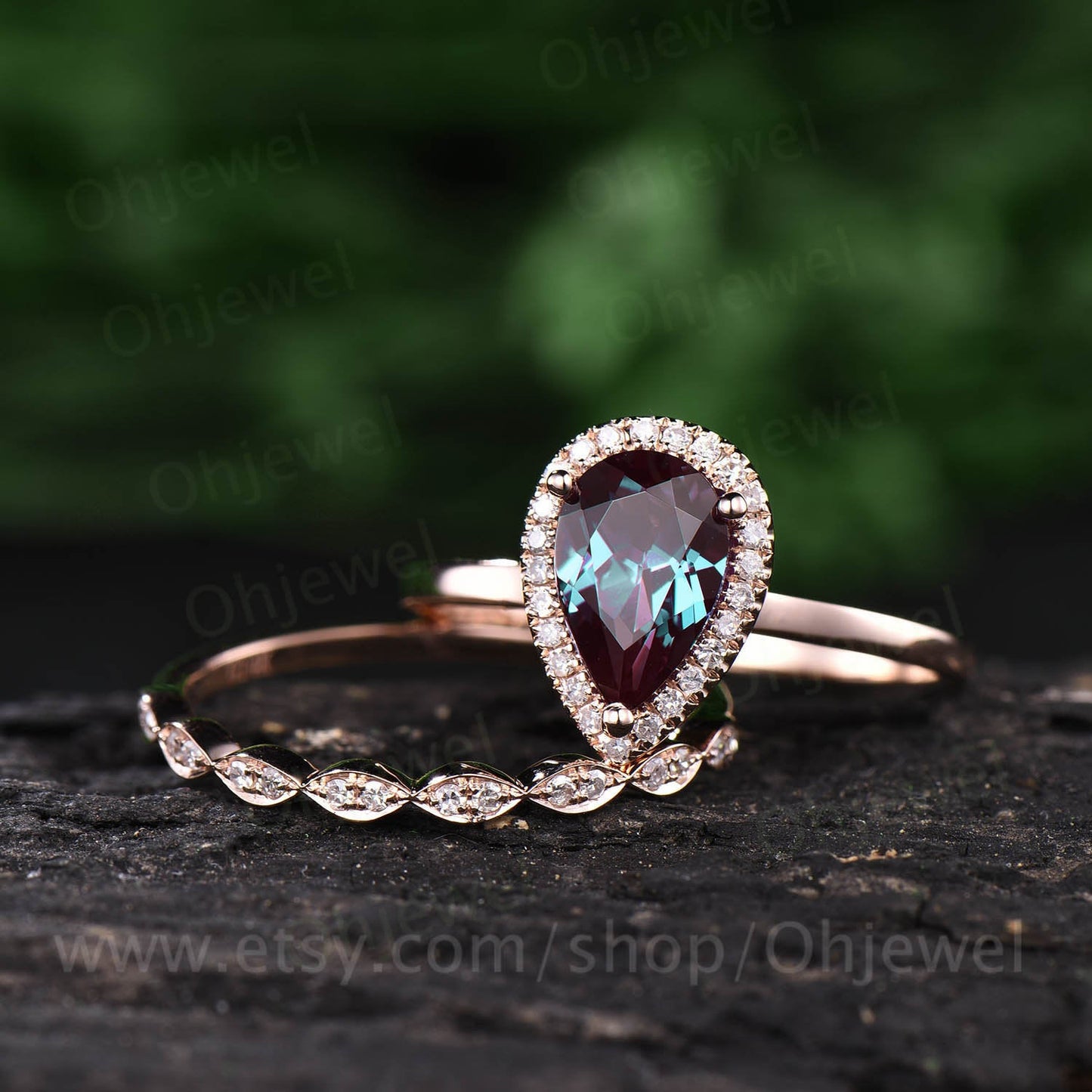 2pcs marquise diamond halo ring unique vintage engagement ring color change alexandrite engagement ring set rose gold wedding birthday gift